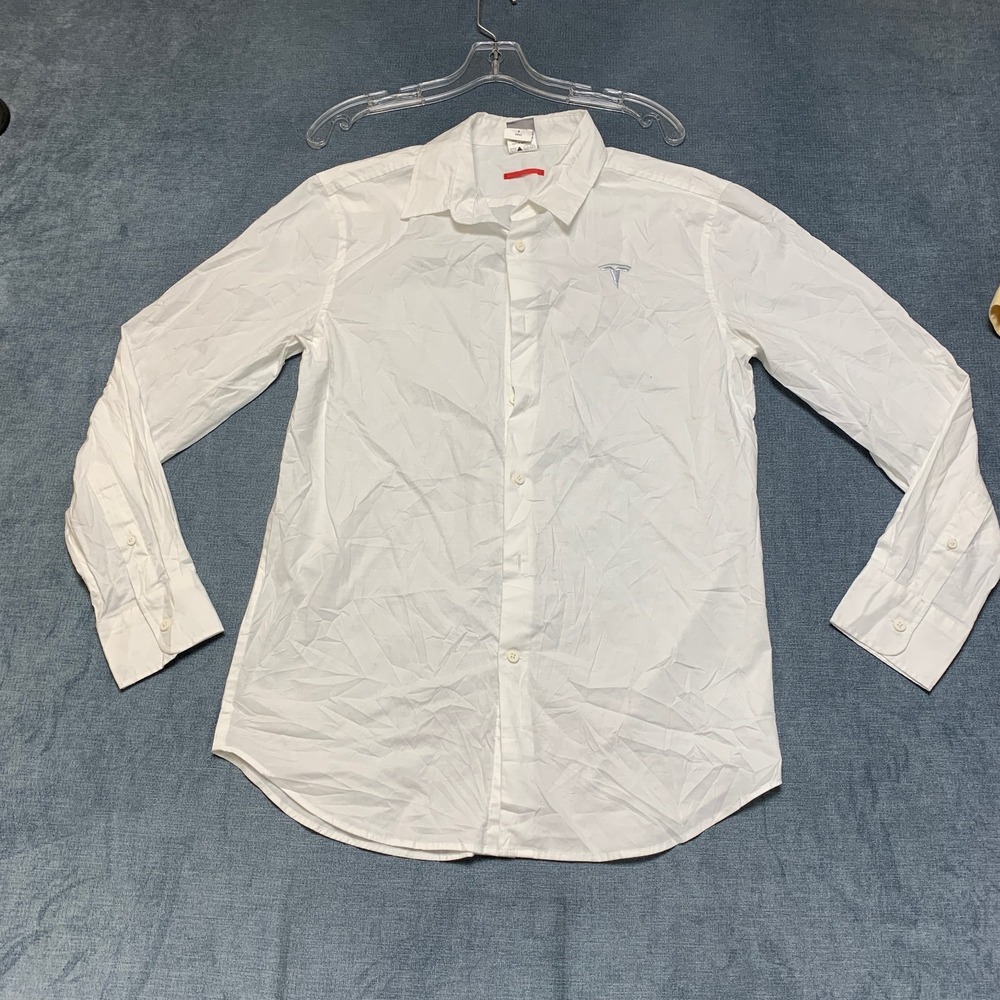 Tesla Dress Shirt Men M White Embroidered Logo Corporate Wear Minimalist Fashion